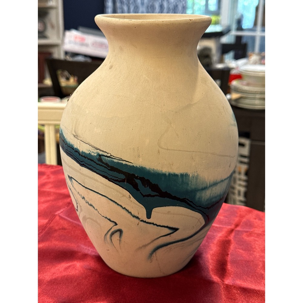 Nemadji Pottery Blue Swirl Marbled Vase Southwestern Studio Art 9.5 Inch